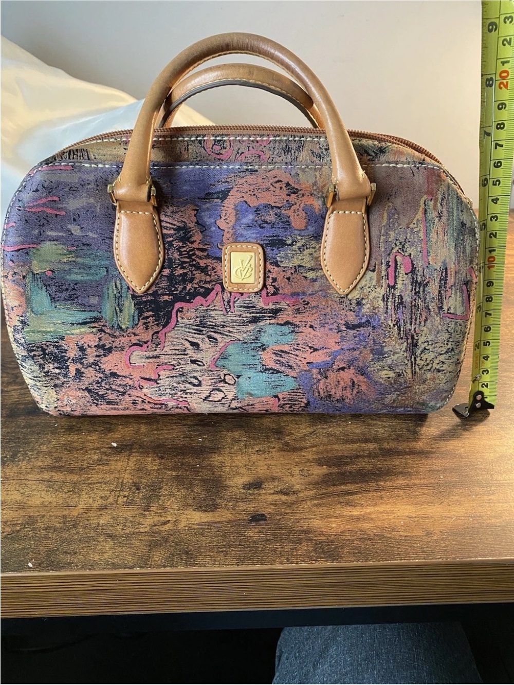 Multicolor Abstract Dome Satchel with Tan Trim